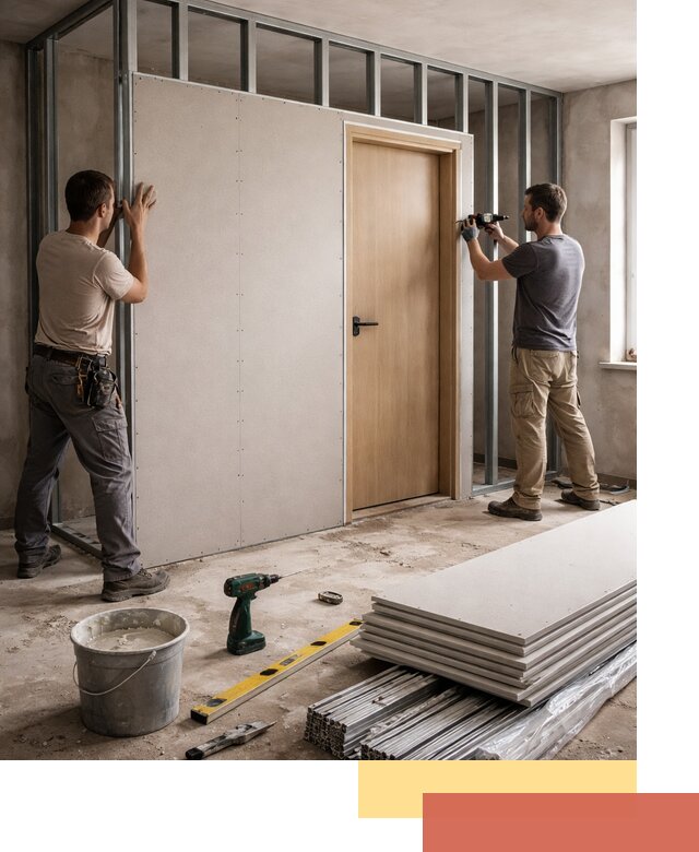 Перегородка из гипсокартона с дверью под ключ в Копейске