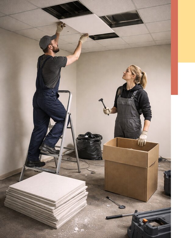 Демонтаж потолочной плитки в Копейске от 4618 руб. быстро и недорого | ОТДЕЛОЧНИК-Кпс