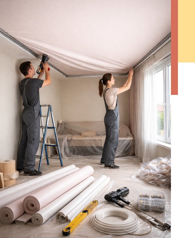 Монтаж цветного натяжного потолка в Копейске от 4310 руб/м² — быстро и недорого | ОТДЕЛОЧНИК-Кпс