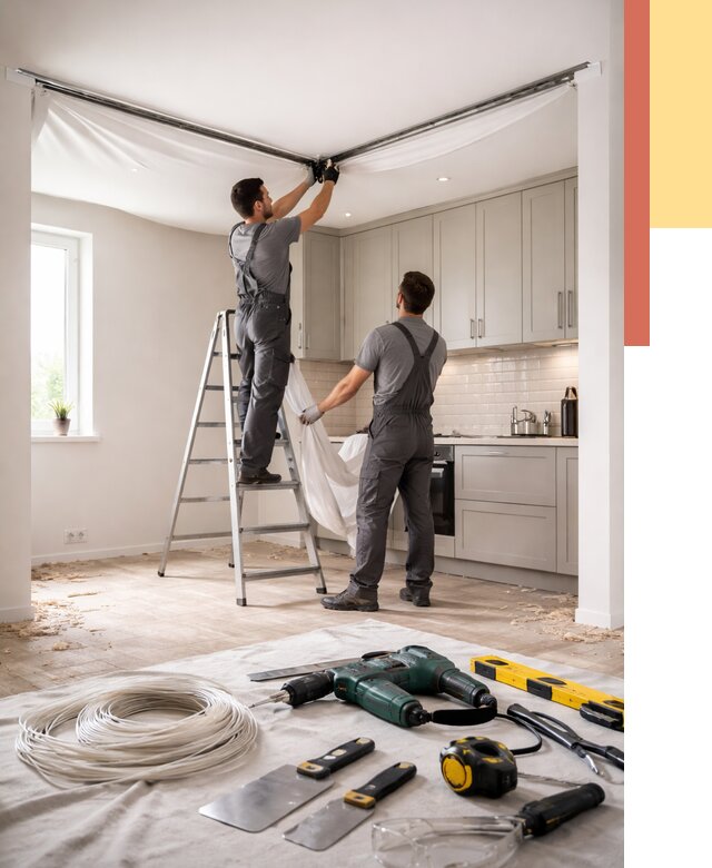 Установка натяжного потолка на кухне в Копейске от 2463 руб. | ОТДЕЛОЧНИК-Кпс