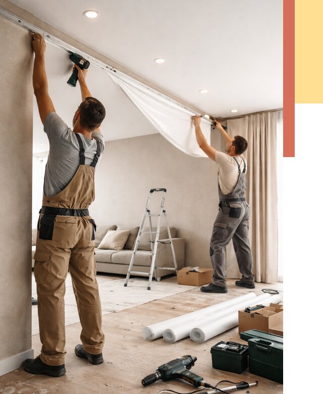 Монтаж натяжного потолка в гостиной в Копейске от 564 руб. | ОТДЕЛОЧНИК-Кпс