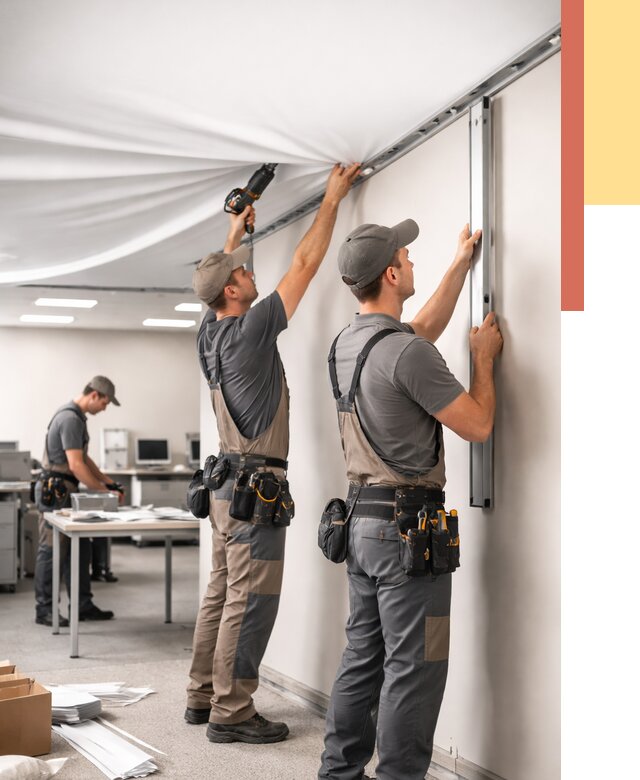 Монтаж натяжного потолка в офисе в Копейске от 462 руб/м² — быстро и недорого | ОТДЕЛОЧНИК-Кпс