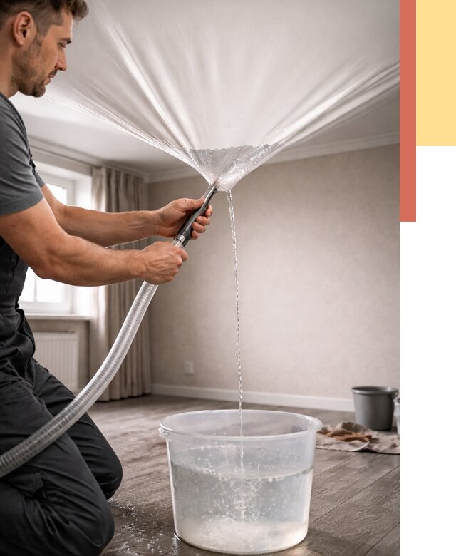 Слив воды с натяжного потолка в Копейске от 2566 руб. быстро и недорого | ОТДЕЛОЧНИК-Кпс