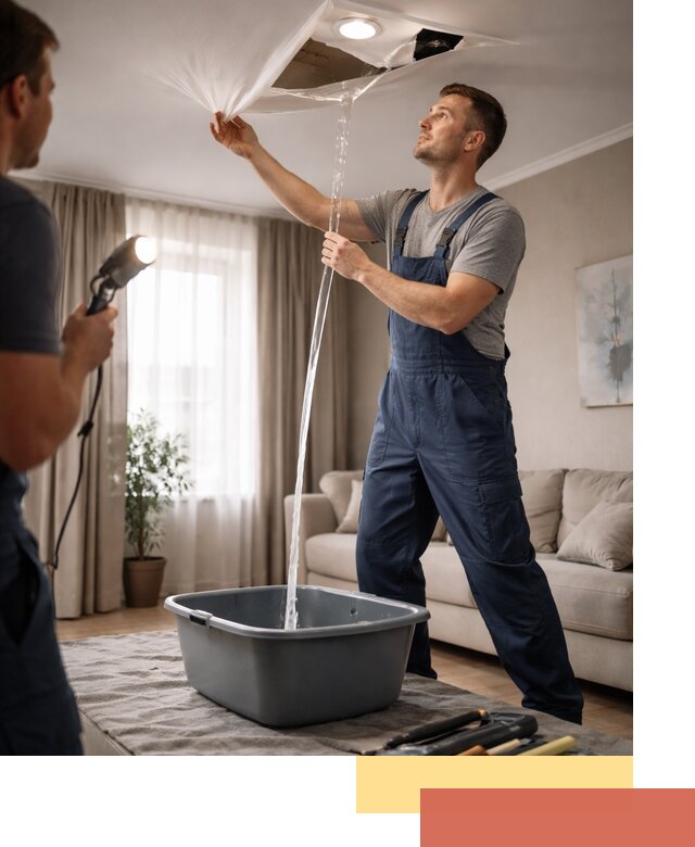 Слив воды с натяжного потолка в Копейске быстро и аккуратно