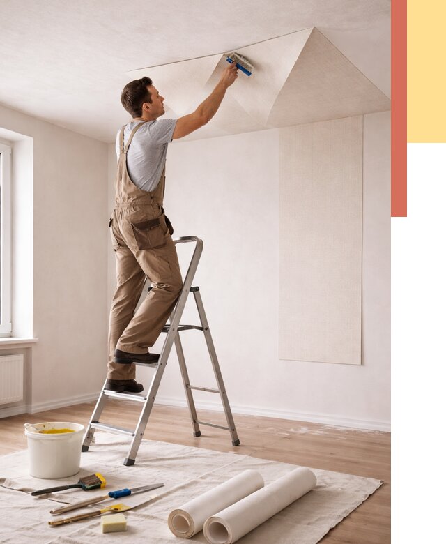 Поклейка обоев на потолок в Копейске от 4618 руб. быстро и недорого | ОТДЕЛОЧНИК-Кпс